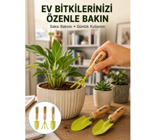 Ahşap Saplı Mini Bahçe El Aleti Seti Saksı ve Çiçek Bakım Seti