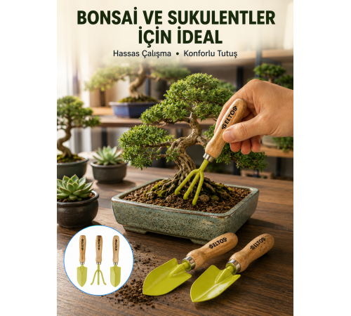 Saksı Bitkileri İçin Bahçe El Aleti Seti Ergonomik Ahşap Saplı