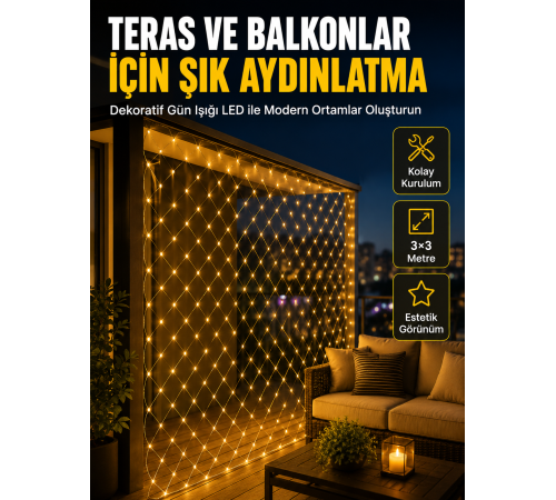 İç ve Dış Mekân Kullanımına Uygun 3x3 Metre LED Işık Ağı