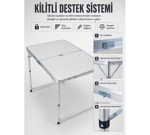 4 Kişilik Katlanabilir Kamp Masası Seti 4 Tabureli 50-65 cm Ayarlanabilir Yükseklik