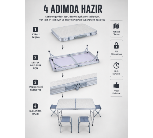 Valiz Tipi Katlanabilir Piknik Masası 4 Tabureli Taşınabilir Kamp Masası
