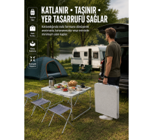 Ayarlanabilir Yükseklikli Kamp ve Piknik Masası 4 Kişilik Katlanabilir Masa Seti