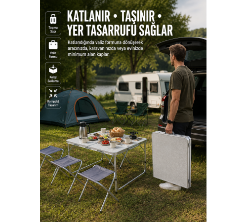 Ayarlanabilir Yükseklikli Kamp ve Piknik Masası 4 Kişilik Katlanabilir Masa Seti