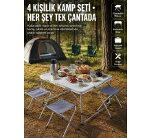 Katlanabilir Kamp Masası ve 4 Tabure Seti Taşınabilir Alüminyum Gövdeli Piknik Masası