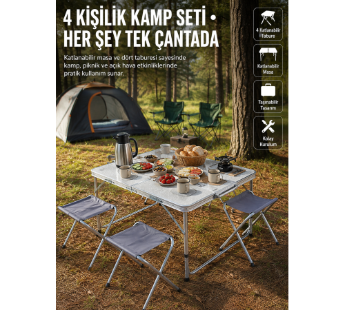 Katlanabilir Kamp Masası ve 4 Tabure Seti Taşınabilir Alüminyum Gövdeli Piknik Masası