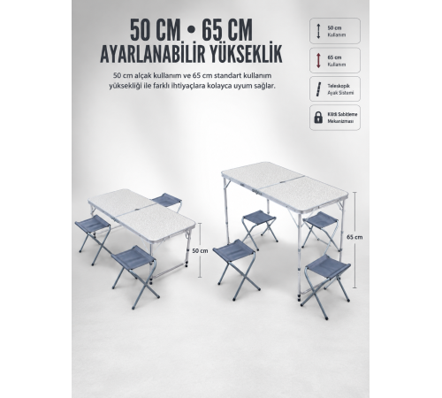 4 Sandalyeli Katlanabilir Kamp Masası Portatif Bahçe Kamp ve Piknik Masa Seti