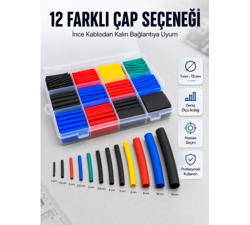 Profesyonel Isıyla Daralan Makaron Kutusu 560 Parça Renkli Kablo Koruma ve İzolasyon Seti