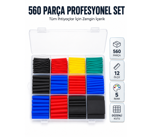 560 Parça Kablo İzolasyon Makaron Seti 12 Ölçü 5 Renk Heat Shrink Tube Organizer Kutulu