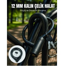 Anahtarlı Çelik Halat Kilit 12 mm Güçlü Bisiklet Kilidi 80 cm PVC Kaplamalı Elektrikli Scooter ve Motosiklet Uyumlu