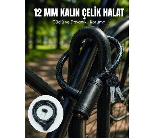 Anahtarlı Çelik Halat Kilit 12 mm Güçlü Bisiklet Kilidi 80 cm PVC Kaplamalı Elektrikli Scooter ve Motosiklet Uyumlu