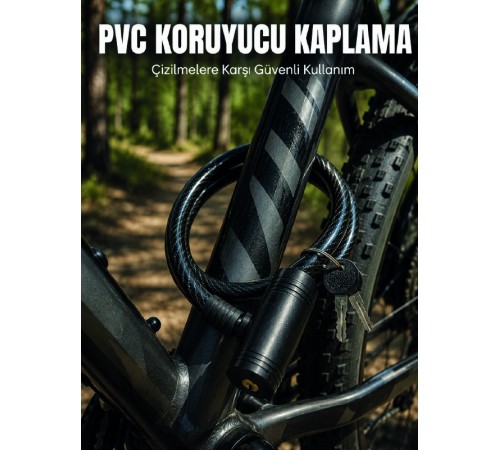 12 mm PVC Kaplamalı Bisiklet Kilidi 80 cm Anahtarlı Çelik Halat Kilit 2 Anahtarlı Güvenlik Kilidi