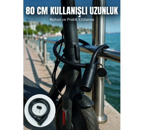 Bisiklet ve Scooter Kilidi 12 mm Çelik Halat 80 cm Anahtarlı Kilit PVC Koruyucu Kaplama 2 Anahtarlı Güvenlik Sistemi
