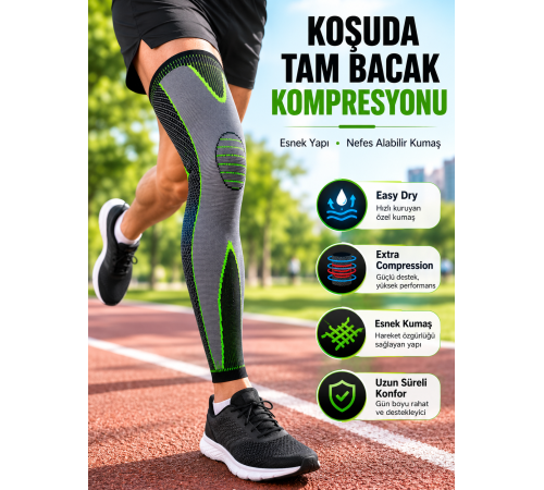 Ergonomik Uzun Spor Dizliği Esnek Kumaşlı Tam Boy Kompresyon Desteği