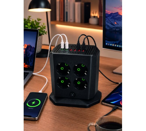 8'li Dikey Çoklu Priz 4 USB 2 Type-C Akım Korumalı Anahtarlı Priz