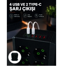 8'li Dikey Çoklu Priz 4 USB 2 Type-C Akım Korumalı Anahtarlı Priz