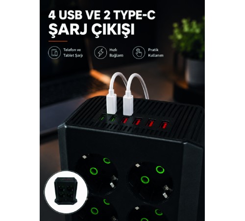 8'li Dikey Çoklu Priz 4 USB 2 Type-C Akım Korumalı Anahtarlı Priz