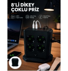 8'li Dikey Çoklu Priz 4 USB 2 Type-C Girişli Akım Korumalı Uzatma Prizi