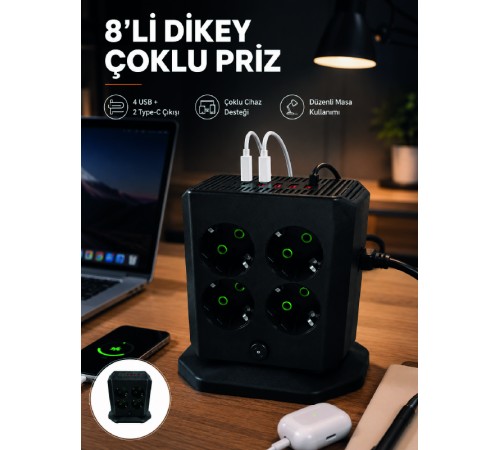 8'li Dikey Çoklu Priz 4 USB 2 Type-C Girişli Akım Korumalı Uzatma Prizi