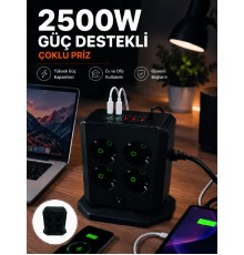 Çoklu Priz 8 Çıkışlı 4 USB 2 Type-C Anahtarlı Dikey Priz Kulesi