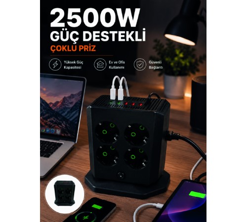 Çoklu Priz 8 Çıkışlı 4 USB 2 Type-C Anahtarlı Dikey Priz Kulesi
