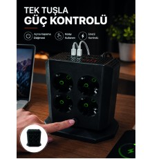 Akım Korumalı 8'li Dikey Priz 4 USB 2 Type-C Hızlı Şarj Destekli Çoklu Priz