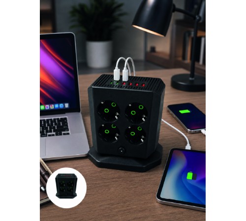 Akım Korumalı 8'li Dikey Priz 4 USB 2 Type-C Hızlı Şarj Destekli Çoklu Priz