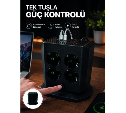 Akım Korumalı 8'li Dikey Priz 4 USB 2 Type-C Hızlı Şarj Destekli Çoklu Priz