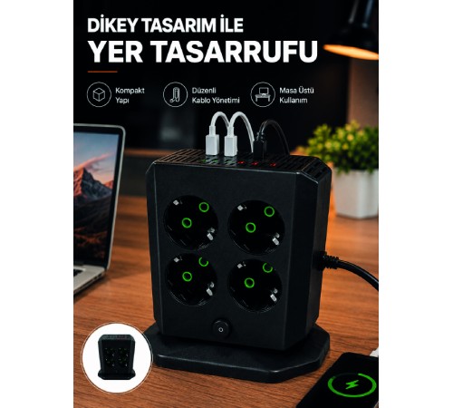 Dikey Priz Kulesi 8 AC Priz 4 USB 2 Type-C Çocuk Korumalı Güç Dağıtıcı