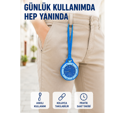 Pantolon Kemer Köprüsüne Takılabilir Askılı Analog Saat Mavi Çanta Charmı