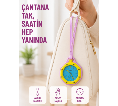 Anahtarlık Çanta Charmı Askılı Analog Dekoratif Saat Pembe
