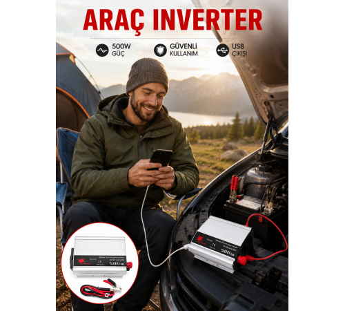 Araç İçi Elektrik Dönüştürücü 500W Priz İnvertör