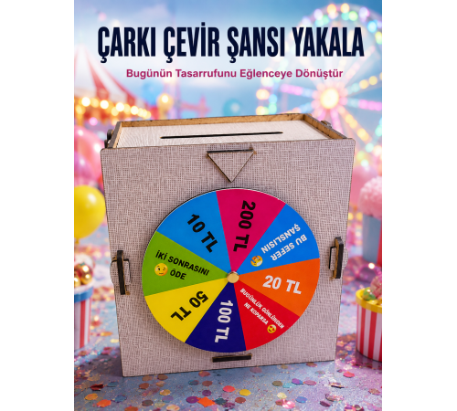 Çocuklar İçin Eğlenceli Tasarruf Oyunu Şans Çarklı Ahşap Kumbara Para Biriktirme Kutusu