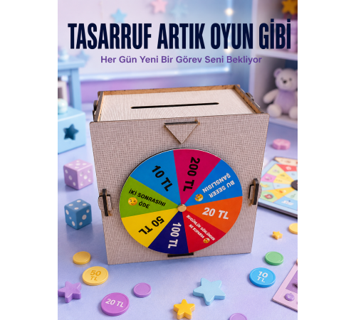 Para Biriktirme Challenge Kutusu Eğlenceli Şans Çarkı Ahşap Tasarruf Kumbarası
