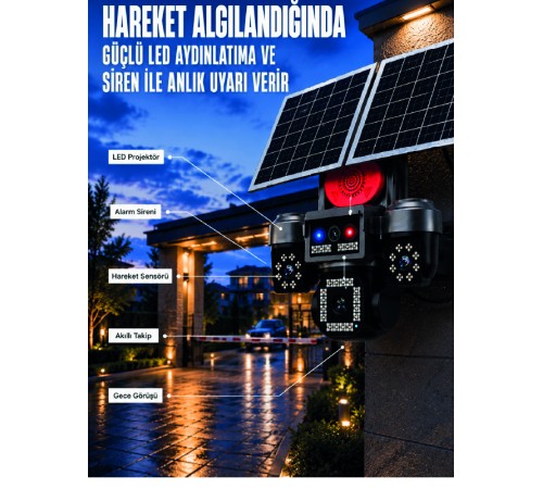 4 Kameralı 4G SIM Kart Destekli Güneş Enerjili Akıllı Güvenlik Kamerası