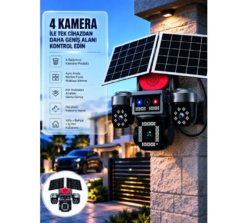 SIM Kart Destekli 4 Kameralı Akıllı Dış Mekan Güvenlik Kamerası