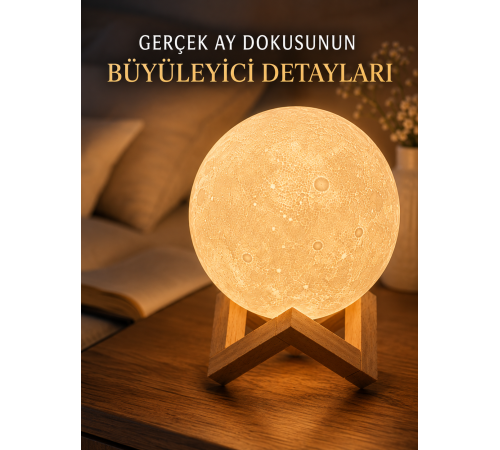 3D Ay Gece Lambası Ahşap Standlı Dekoratif LED Masa Lambası