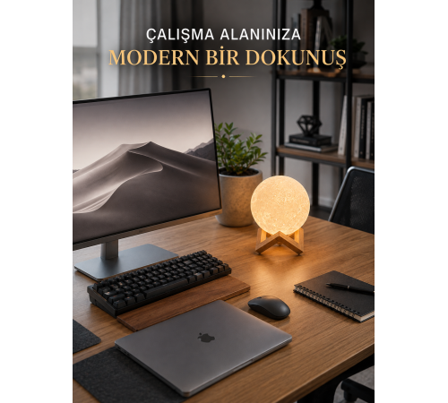Gerçekçi Ay Dokulu Dekoratif Gece Lambası USB Şarjlı Ay Işığı