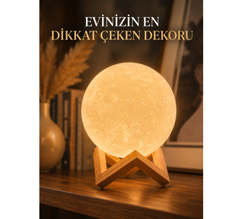 Ahşap Standlı Ay Gece Lambası Ev ve Ofis Dekorasyon Lambası