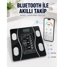 Akıllı Cam Baskül Bluetooth Mobil Uygulamalı Vücut Analiz Tartısı 180 Kg LCD Ekran