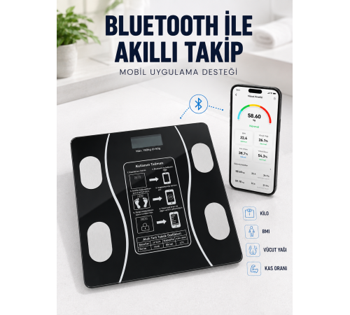 Akıllı Cam Baskül Bluetooth Mobil Uygulamalı Vücut Analiz Tartısı 180 Kg LCD Ekran