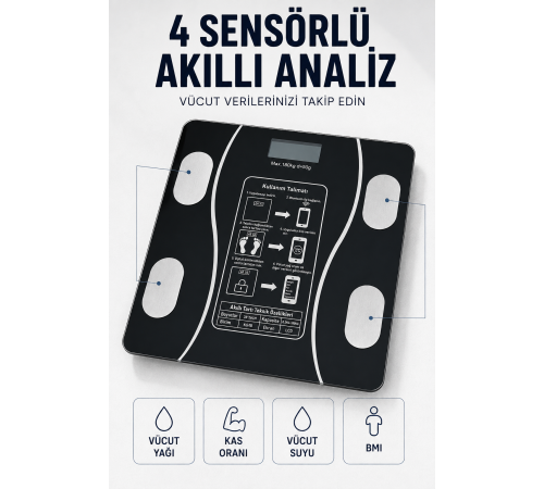 Bluetooth Akıllı Tartı 180 Kg Kapasiteli Vücut Yağ Kas Su BMI Analizli Cam Baskül