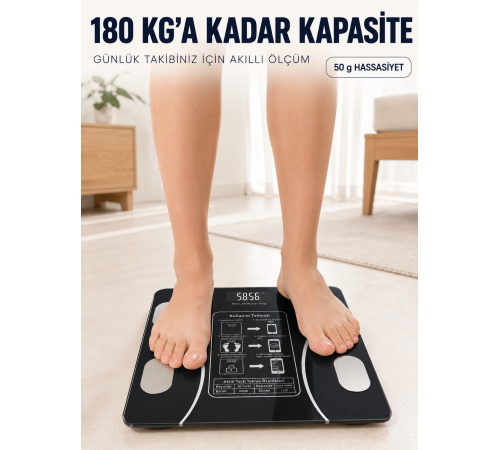 Dijital Akıllı Cam Baskül Mobil Uygulama Destekli Vücut Analiz Tartısı 180 Kg