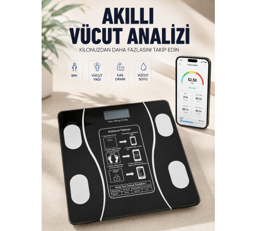 Akıllı Vücut Analiz Baskülü Bluetooth Bağlantılı 4 Sensörlü LCD Ekranlı Dijital Tartı