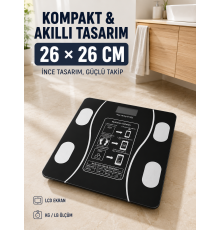 180 Kg Akıllı Cam Tartı Bluetooth Vücut Yağ Kas Su ve BMI Ölçüm Destekli Baskül
