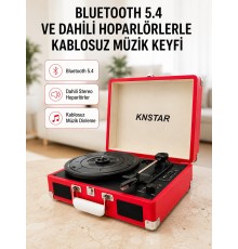 Taşınabilir Bavul Tipi Pikap Bluetooth Özellikli Dahili Hoparlörlü USB ve SD Kart Destekli Kırmızı