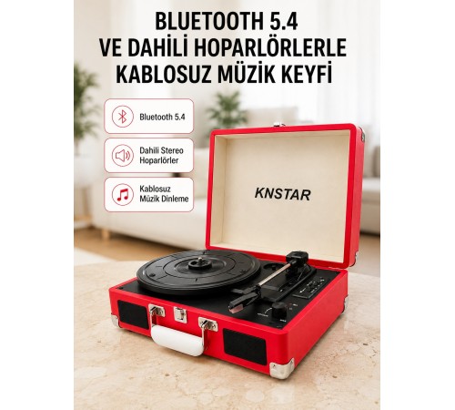 Taşınabilir Bavul Tipi Pikap Bluetooth Özellikli Dahili Hoparlörlü USB ve SD Kart Destekli Kırmızı