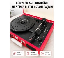 Bluetooth Bağlantılı Portatif Pikap 33 45 78 Devir Dahili Hoparlör ve Şarj Edilebilir Pil