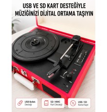 Bluetooth Bağlantılı Portatif Pikap 33 45 78 Devir Dahili Hoparlör ve Şarj Edilebilir Pil
