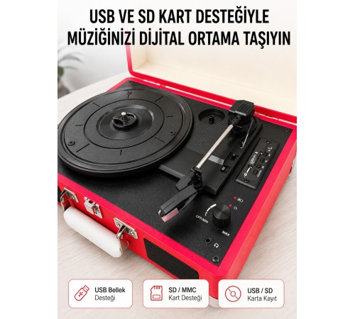 Bluetooth Bağlantılı Portatif Pikap 33 45 78 Devir Dahili Hoparlör ve Şarj Edilebilir Pil
