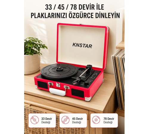 Bavul Tipi Plak Çalar 33 45 78 Devir Destekli Bluetooth Dahili Hoparlörlü Portatif Pikap